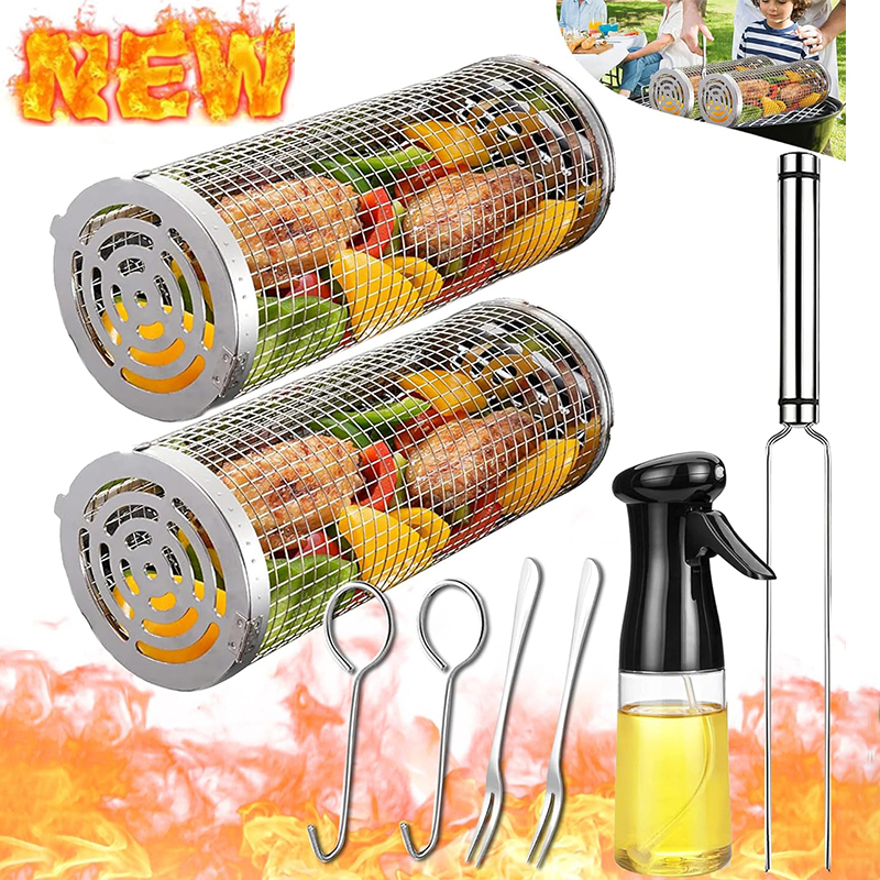Camping Cooking Basket - BBQ Basket Stainless Steel Rolling Grilling